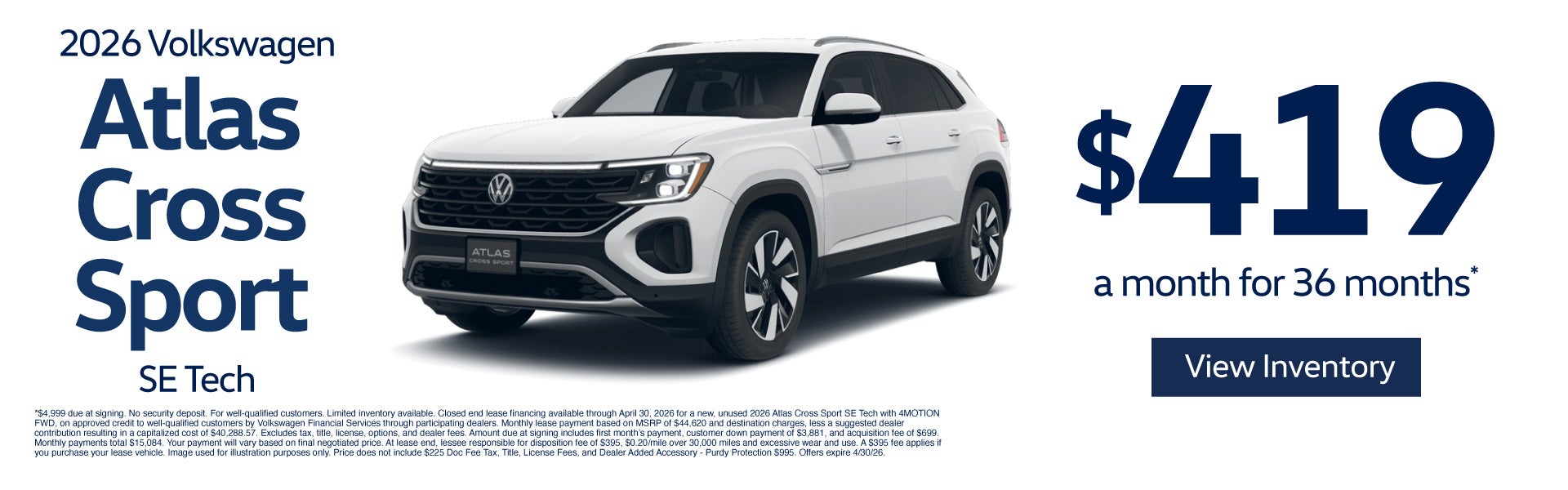 2026 Volkswagen Atlas Cross Sport SE Tech	$419/mo for 36 mon