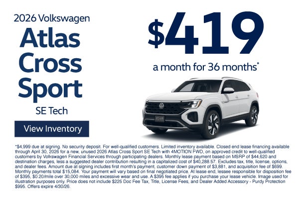 2026 Volkswagen Atlas Cross Sport SE Tech	$419/mo for 36 mon