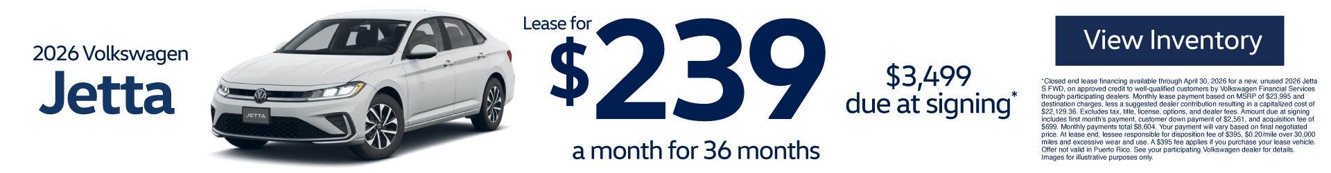 2026 Volkswagen Jetta $239/mo for 36-month lease - $3,499 due at signing*