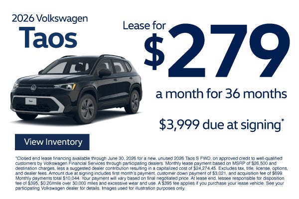 2026 Volkswagen Taos	Lease for $279/mo for 36 months - $3,99