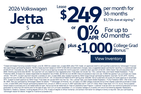 2026 Volkswagen Jetta S	$249/mo for 36-month lease - $3,724 