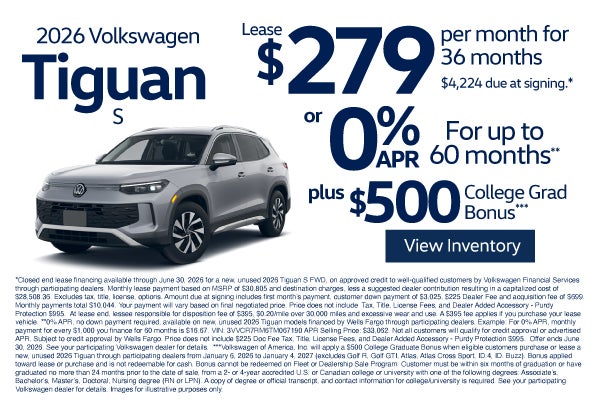 2026 Volkswagen Tiguan S	$279 /mo for 36-month lease - $4,22