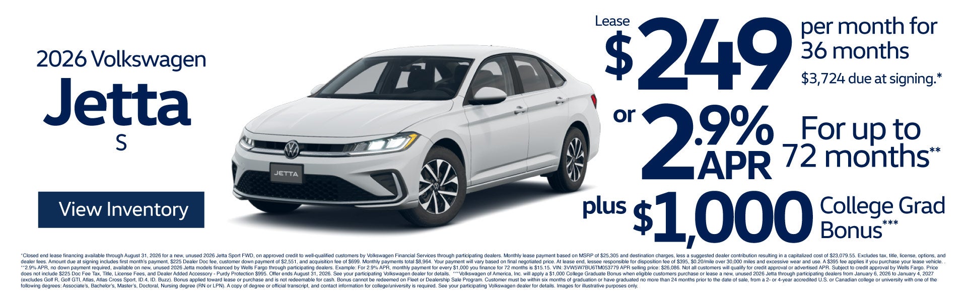 2026 Volkswagen Jetta S - $249 for 36 months