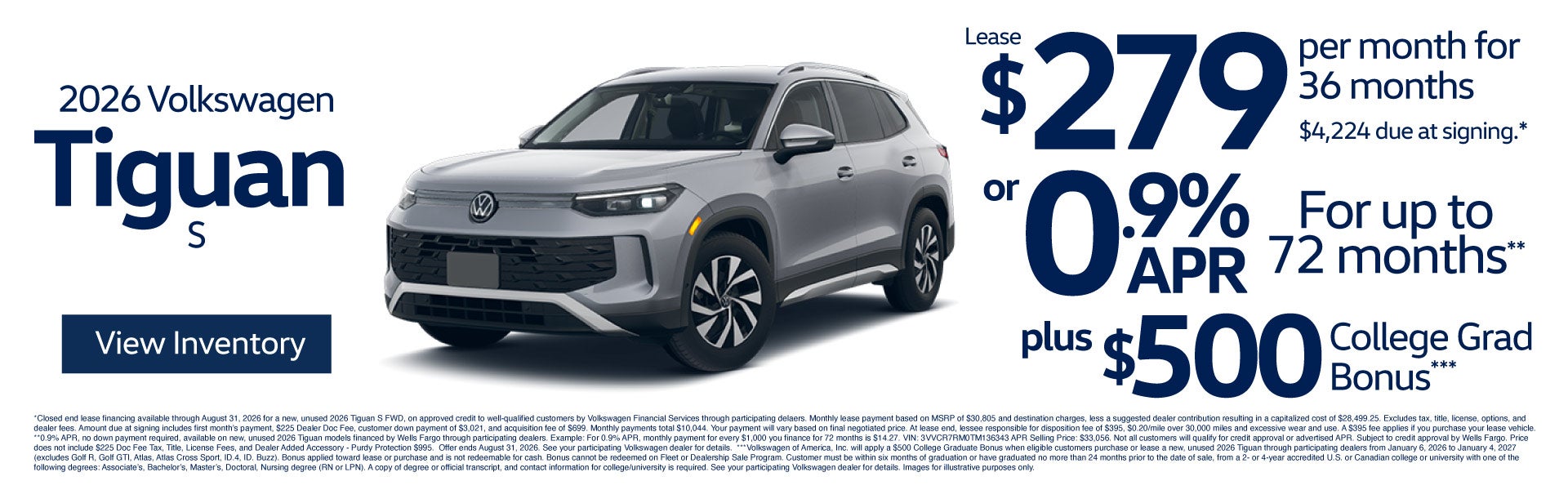 2026 Volkswagen Tiguan S - $279 for 36 months
