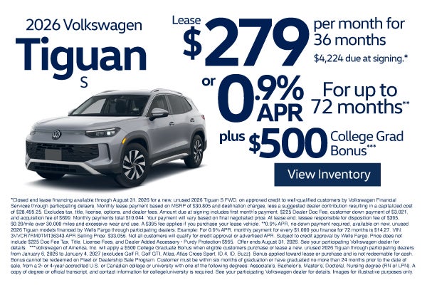 2026 Volkswagen Tiguan S - $279 for 36 months