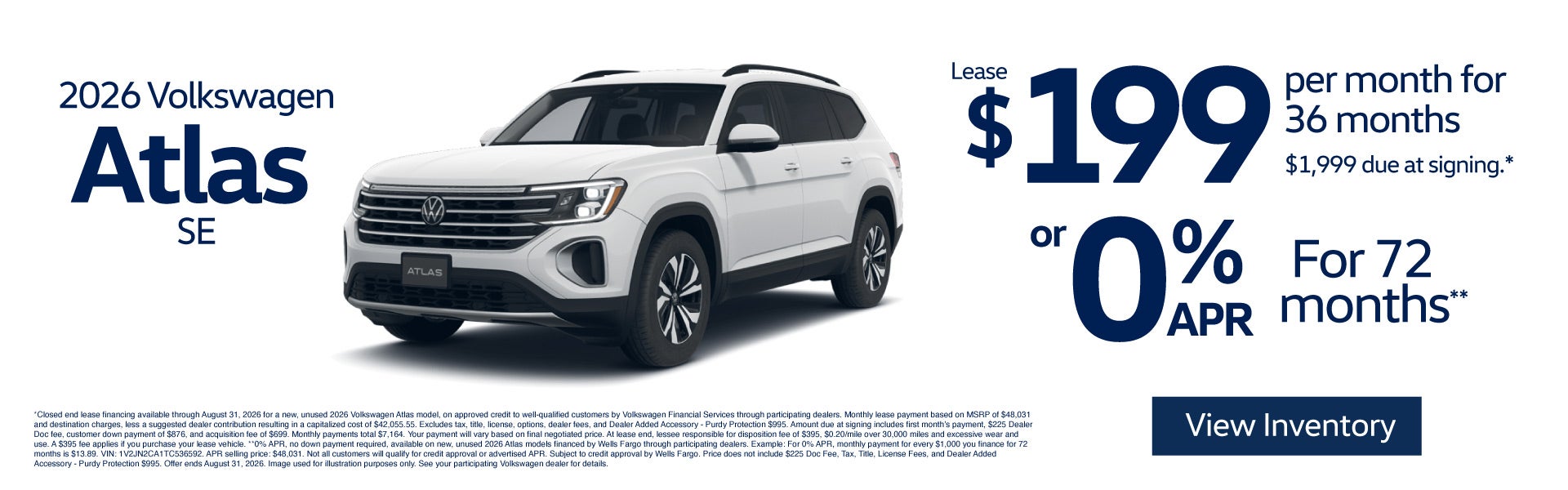 2026 Volkswagen Atlas SE	$199 per month for 36 months - $1,9