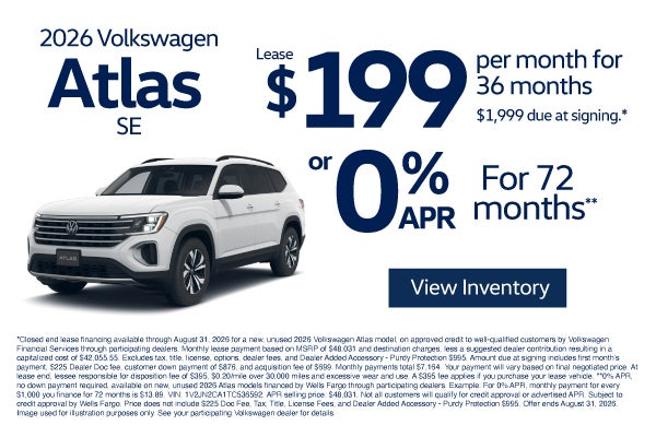 2026 Volkswagen Atlas SE	$199 per month for 36 months - $1,9