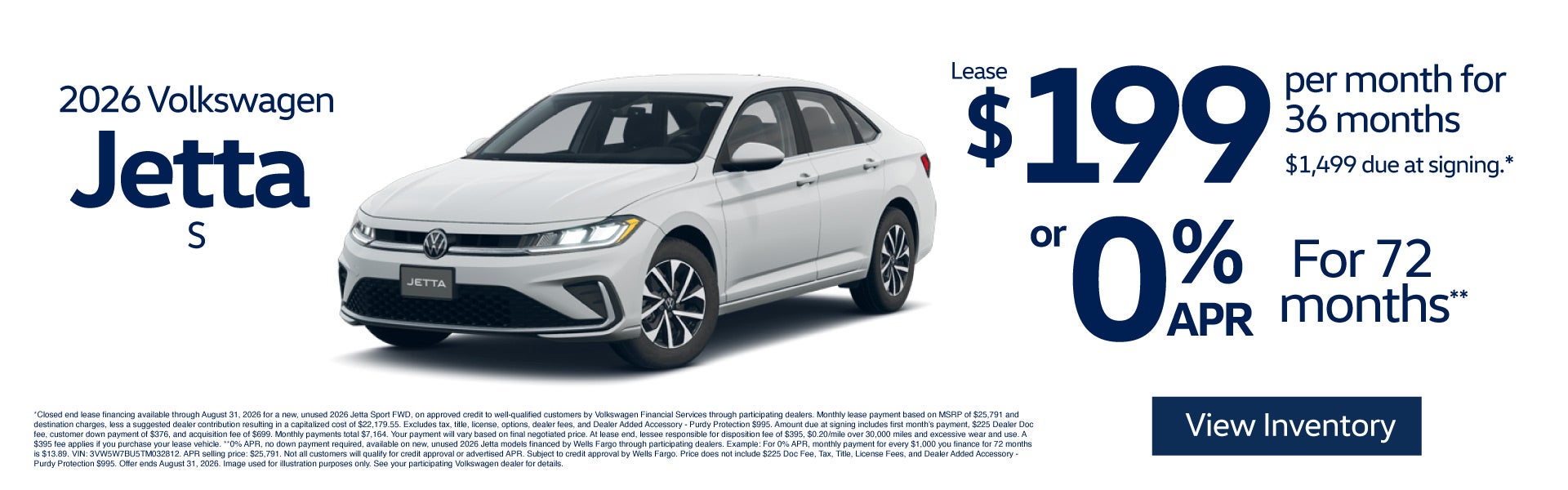 2026 Volkswagen Jetta S	$199 per month for 36 months - $1,49