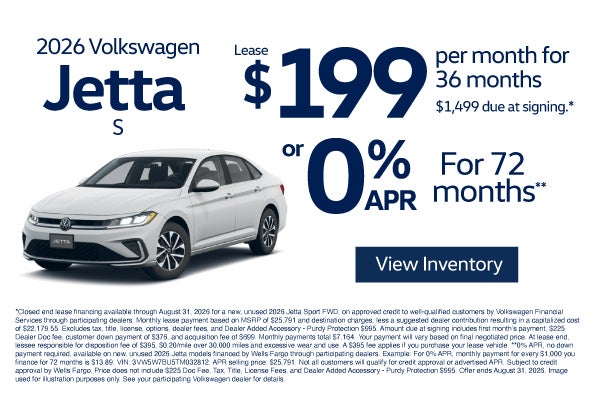 2026 Volkswagen Jetta S	$199 per month for 36 months - $1,49