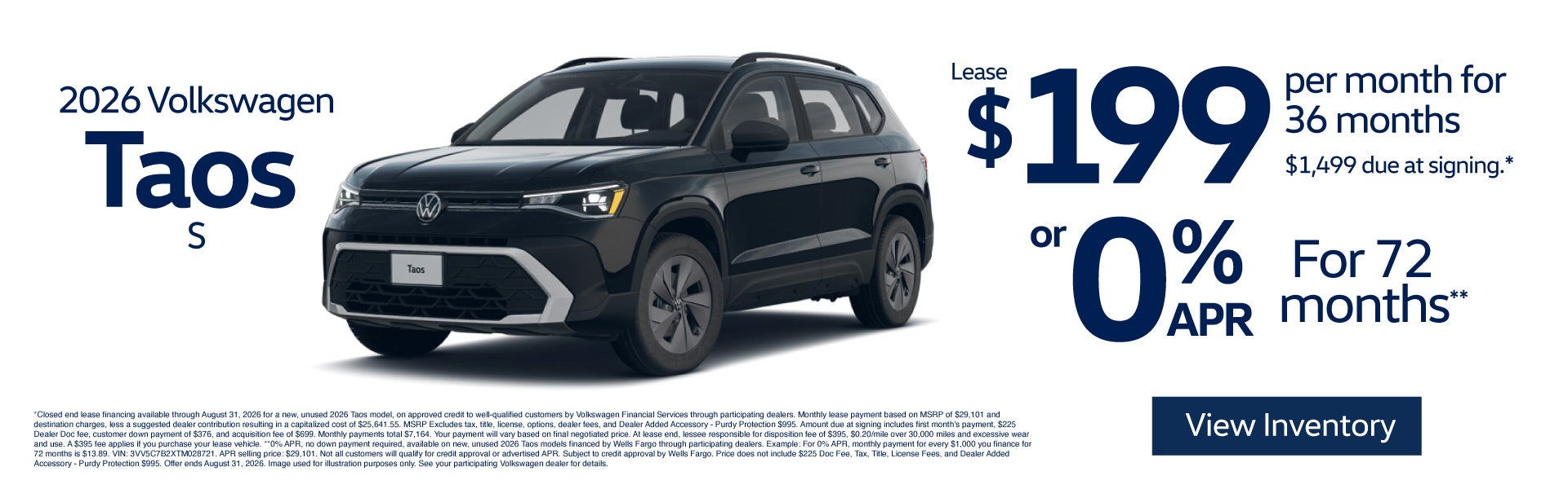 2026 Volkswagen Taos S	$199 per month for 36 months - $1,499