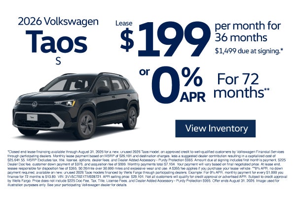 2026 Volkswagen Taos S	$199 per month for 36 months - $1,499