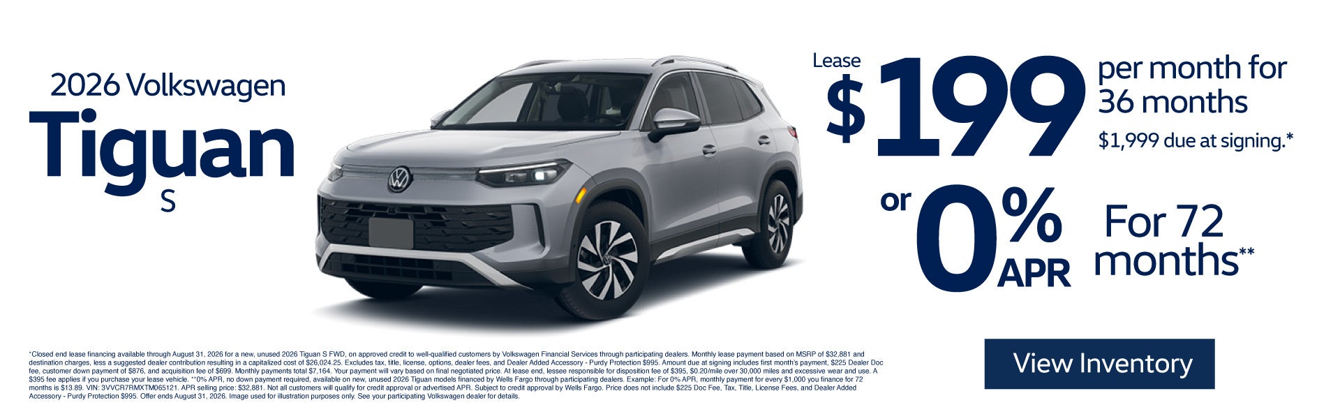 2026 Volkswagen Tiguan S	$199 per month for 36 months - $1,9