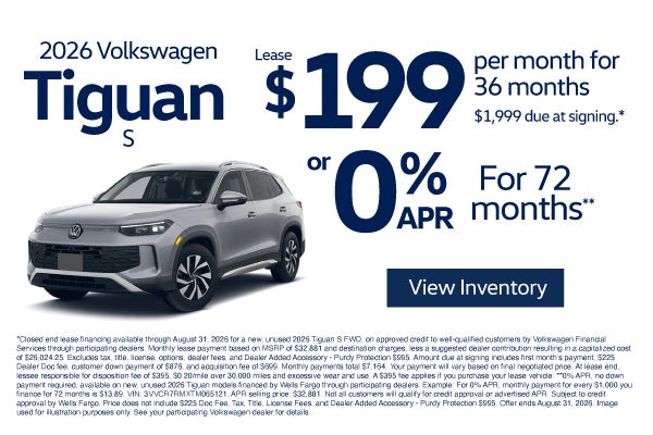 2026 Volkswagen Tiguan S	$199 per month for 36 months - $1,9