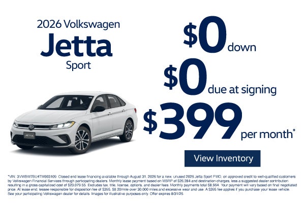 2026 Volkswagen Jetta Sport	"$0 DOWN / $0 DUE AT SIGNING $39