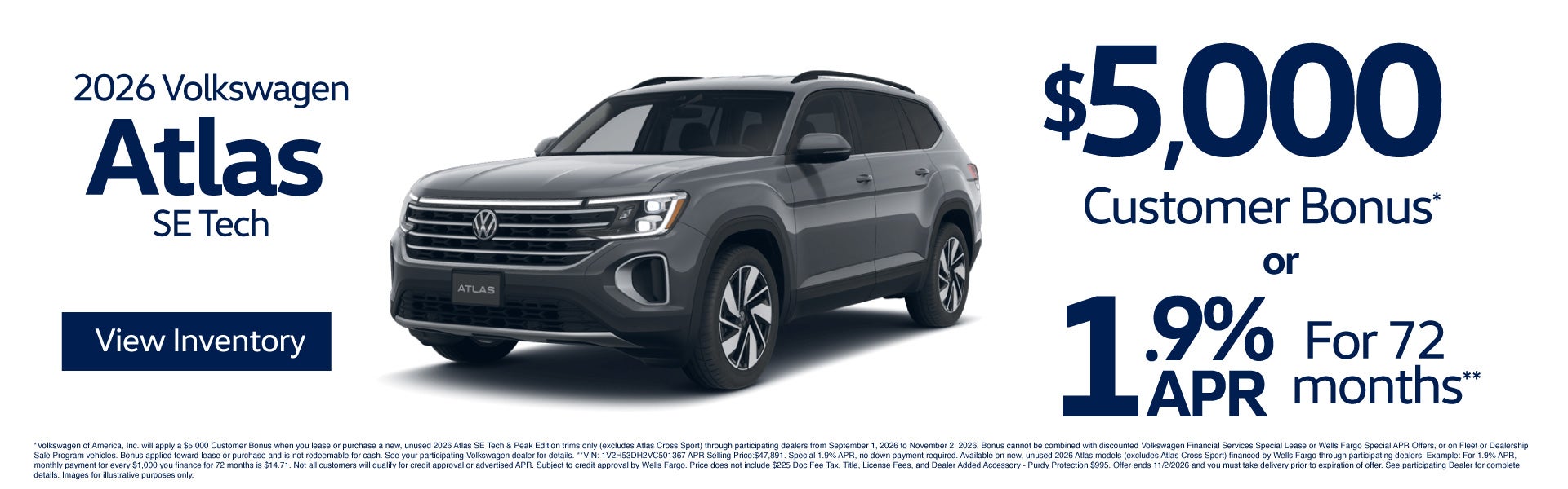 2026 Volkswagen Atlas SE Tech $5,000 Customer Bonus*