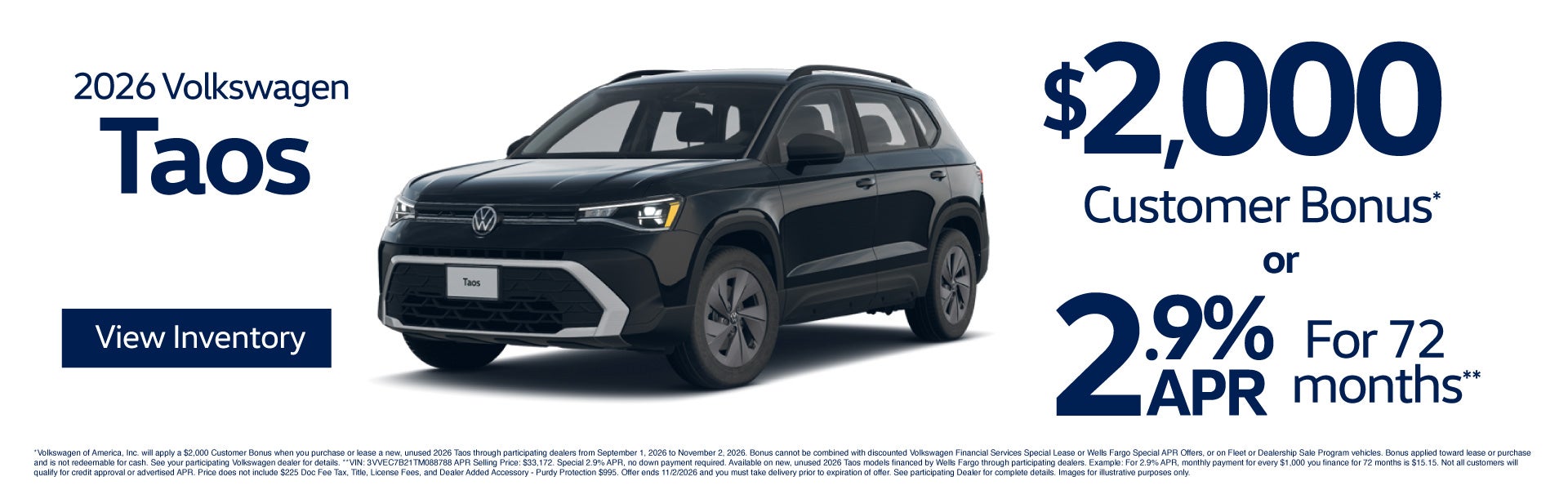 2026 Volkswagen Taos $2,000 Customer Bonus* or 2.9% APR