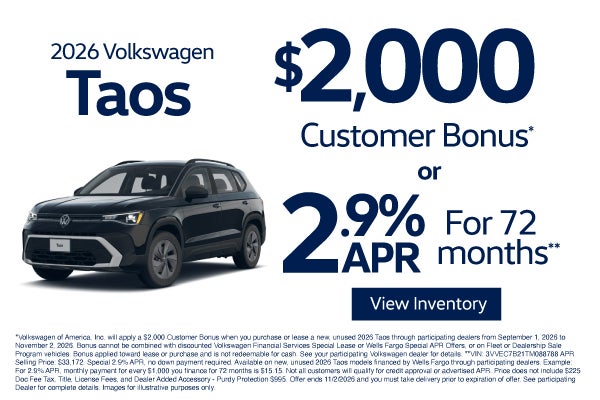 2026 Volkswagen Taos $2,000 Customer Bonus* or 2.9% APR