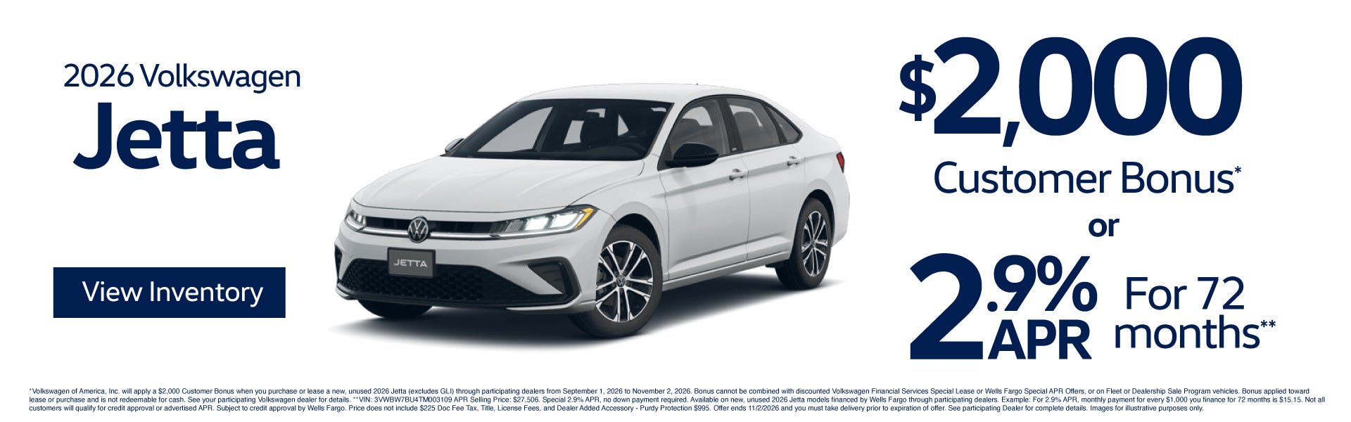 2026 Volkswagen Jetta $2,000 Customer Bonus* or 2.9 % APR