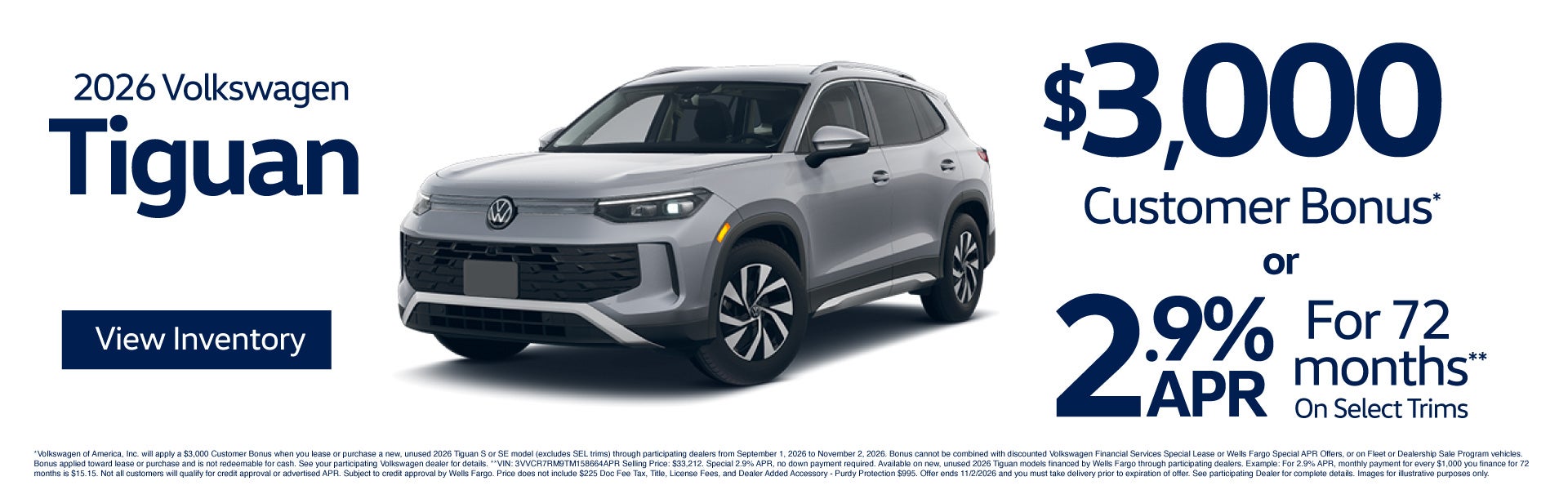 2026 Volkswagen Tiguan $3,000 Customer Bonus* or 2.9% APR