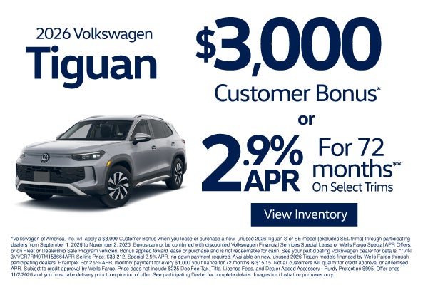2026 Volkswagen Tiguan $3,000 Customer Bonus* or 2.9% APR
